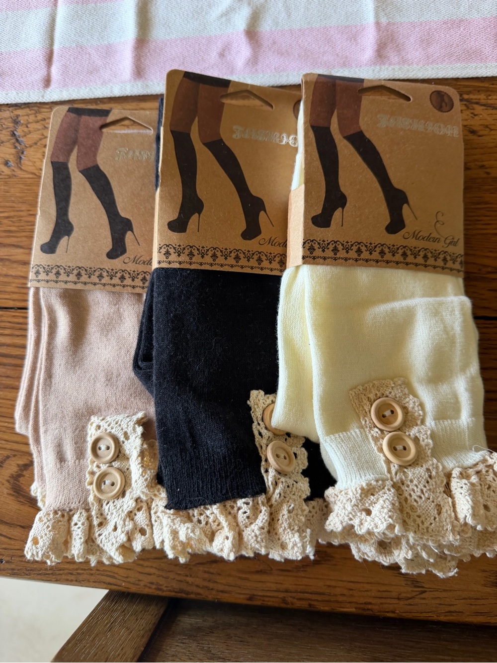 Women’s Lace Trim Buttoned Knee-High Socks - Black, Beige, Cream